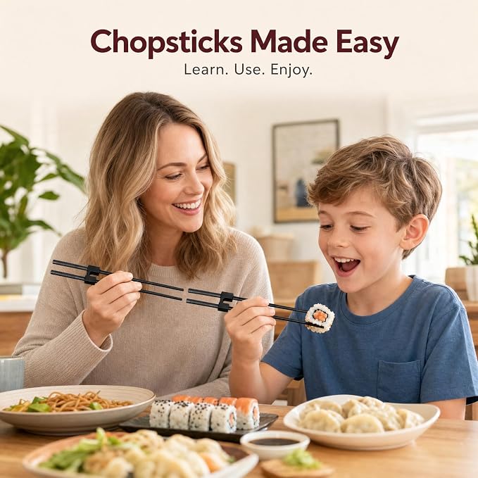 Fiberglass Training Chopsticks Set of 8 Pairs, Chop Sticks Reusable Dishwasher Safe with Chopsticks Helper for Beginners Kids&Adults, Non-Slip Durable Black Chopsticks for Sushi/Noodles/Daily Use