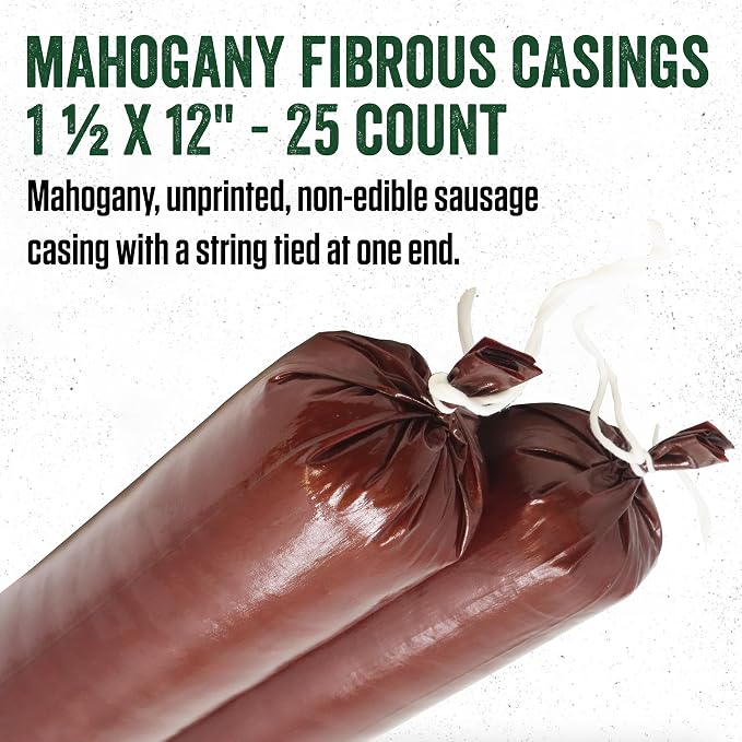 LEM Products Mahogany Fibrous Sausage Casings, 1.5" x 12" Non-Edible Casings for Summer Sausage, Pepperoni, Salami, Italian, Homemade Sausages, Stuffs Approx. 1 lb Each, 25-Pack