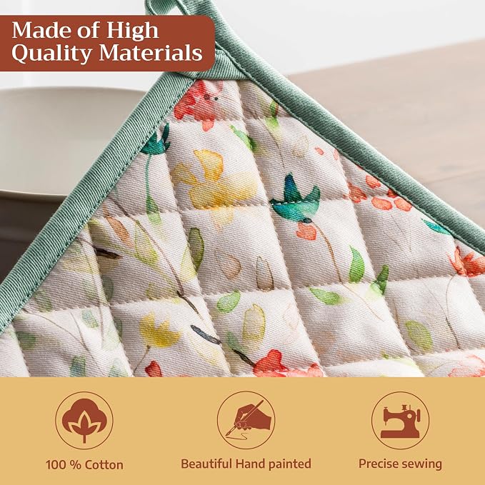 Maison d' Hermine 100% Cotton Oven Mitt & Pot Holder Set (7.5"x13" & 8"x8") | Heat Resistant BBQ Cooking Gloves with Loop Baking Grilling Kitchen Hotel Home Farmhouse Spring Summer - Colmar