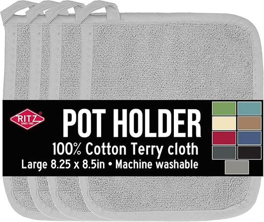 RITZ Terry Potholder & Hot Pad: Unparalleled Heat Resistant, Durable 100% Cotton – Ergonomically Designed for Optimal Grip – Easy-Care Machine Washable – 4-Pack, Titanium Grey