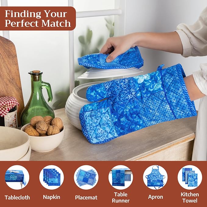 Maison d' Hermine Pot Holders 100% Cotton Potholders (8" x 8", Pack of 1) | Heat Resistant Hot Pads with Loop BBQ Cooking Baking Farmhouse Kitchen Handling Hot Pans Spring Summer - Indigo Love