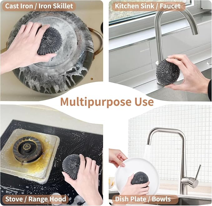 6PCS Steel Wool Scrubber Wire Sponge Set, Barbecue Grill Cleaning Scrubber Pads, Stainless Steel Scrubber Replacement for Scouring Messes from Cast Iron, Pots, Pans, Grill, Stoves, Sink (6 Pads)