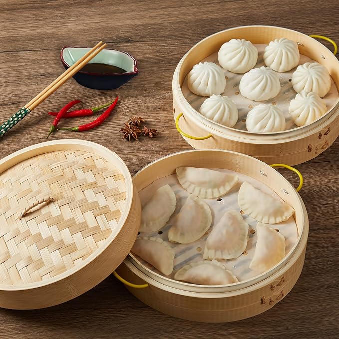 MacaRio 10 Inch Bamboo Steamer Basket Set Dumpling Steamer for Cooking | 2-tier with lid side handles chopsticks ceramic sauce dishes 50 paper liners for dumplings buns vegetables