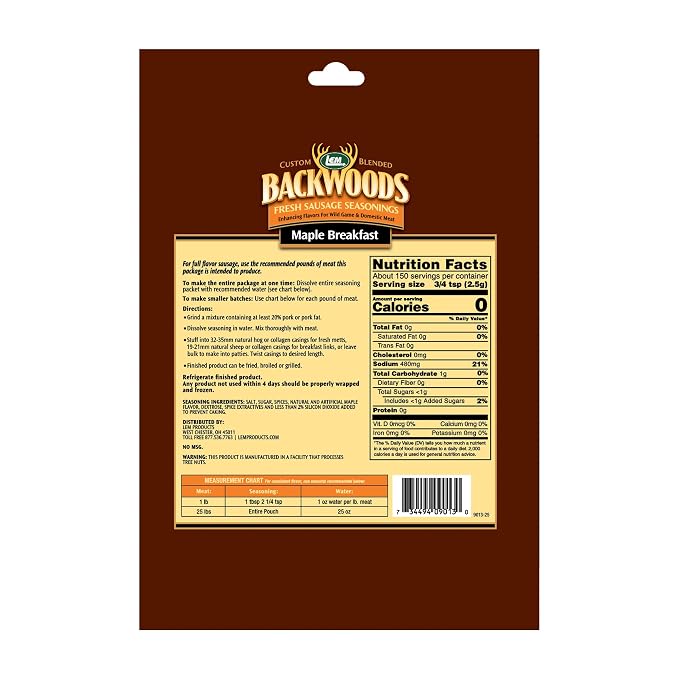 LEM Products Backwoods Maple Breakfast Fresh Sausage Seasoning, 13.5 oz | Pre-Measured Seasoning for Wild Game and Domestic Meat, Seasons Up to 25 Pounds of Meat for Homemade Patties and Sausages
