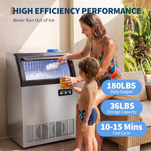Garvee Commercial Ice Maker Machine, 180lbs/24H Single Water Inlet with 36lbs Storage Bin, Stainless Steel Undercounter or Freestanding Ice Maker