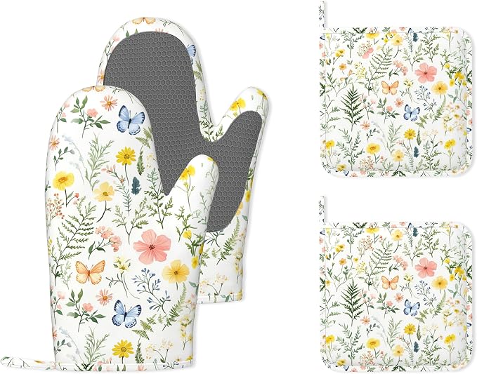 Wildflowers Oven Mitts and Pot Holders (4PCS),Vintage Plants Herb Flower Butterfly Heat Resistant Non-Slip Silicone Kitchen Gloves for Cooking, Baking, BBQ Waterproof Kitchen Accessories