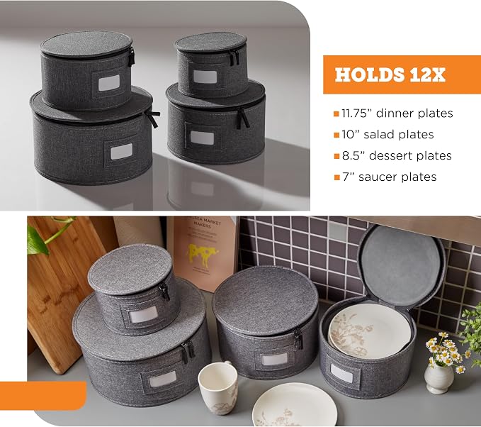 storageLAB 4-Piece China Plate Storage Set | Hard Shell Dividers | Gray | 4 hard shell plate cases - dinner, salad, dessert & saucer, 12 plates each, 48 total. Felt dividers, stackable.