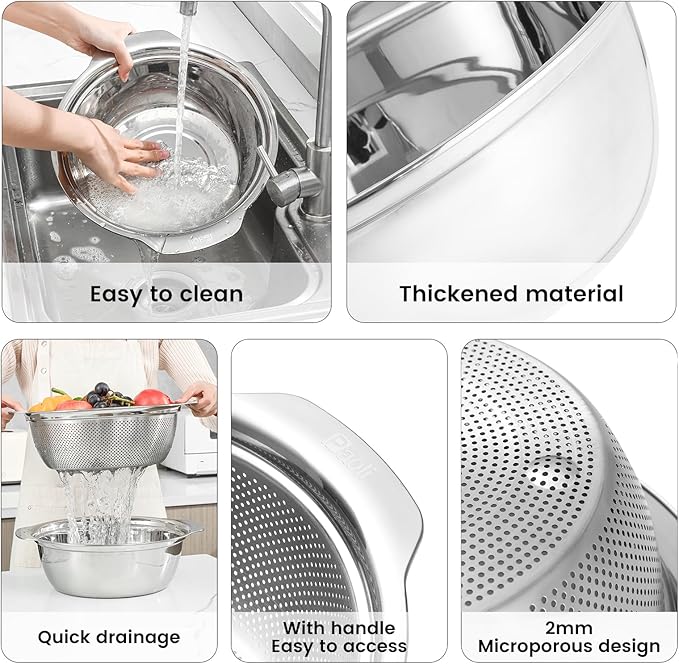 Paoli 304 Stainless Steel Fine Mesh Colander Set, 5QT Large Capacity Strainer with Mixing Bowl — Rinse Fruits, Veggies, Rice & Drain Pasta, Dishwasher Safe (2-Piece)