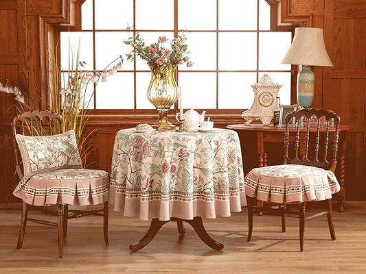 patdrea Designer Vintage Round Tablecloth,Pink Linen Table Cloth with Birds Pattern,Colorful Decoration French Table Cover for Kitchen Dining,Party,Thanksgiving,Christmas,Diameter 67"-Kulom a