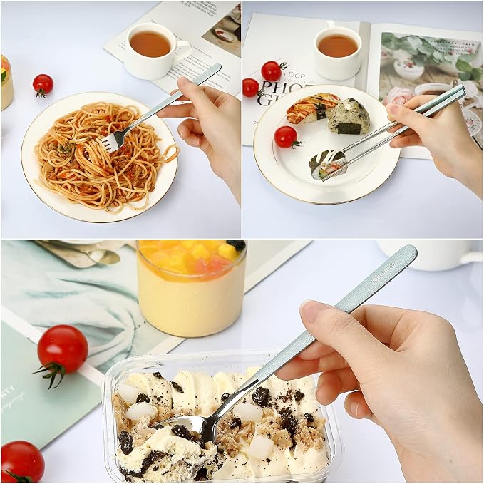 DEVICO Travel Utensils with Case, 4 Piece Portable Silverware Set for Work | 18/8 Stainless Steel Reusable Travel Cutlery Set, Korean Chopsticks Fork and Spoon Set for Lunch Box/Camping/Picnic/Dorm,Blue