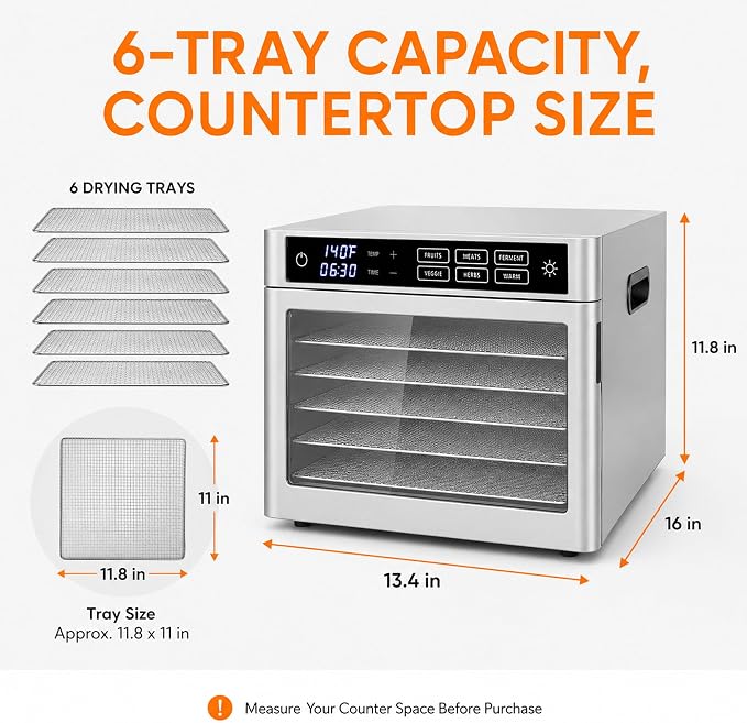 6-Tray Stainless Steel Food Dehydrator | jerky maker fruit dryer herb dehydrator dog treat maker digital food dehydrator countertop dehydrator