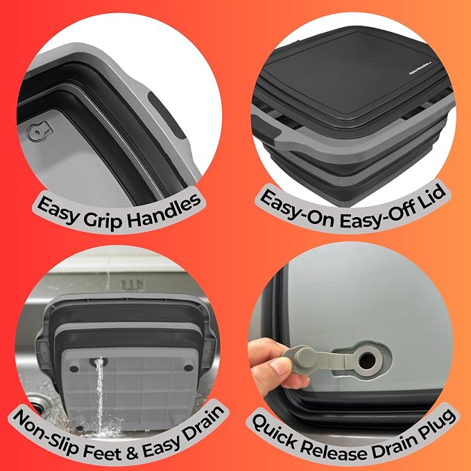 Collapsible X-Large (16L) BBQ Marinating Tub w/ Cutting Board | Multipurpose Food-Grade TPE Prep Tub w/ Lid | Built-In Colander & Drain Plug - For Camping | Tailgate | Picnic - Slate Black