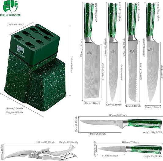 FULLHI 8pcs block Knife Set,chef's Knves Set with Block and Sharpener, Kitchen Knife Set,Multi-colour Handle, Gifts for Men Women