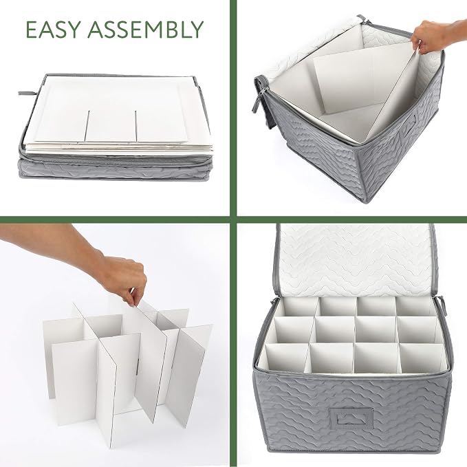 LotFancy China Storage Containers - Quilted 6-Piece Set Storage Box- Stores Chinaware, Stemware, Dinnerware, Dish Storage Service for 12, 48 Pcs Felt Protectors, Cardboard Dividers Included