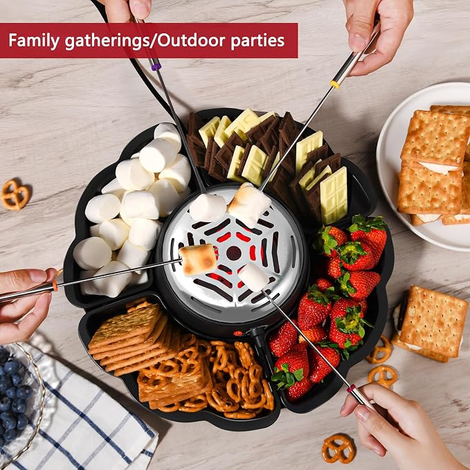 2-in-1 S’mores Maker & Fondue Set, Indoor Tabletop Marshmallow Roaster with Temperature Control, 4 Detachable Trays, 4 Forks and Heated Bowl, Movie Night Supplies & Housewarming Gifts