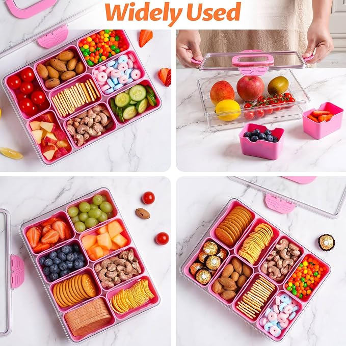 Snackle Box Container Dishwasher Safe Divided Serving Tray with Lid Handle | Charcuterie Board for Portable Snack Platters, Organizer for Fruits Snacks, Perfect for Road Travel - Pink