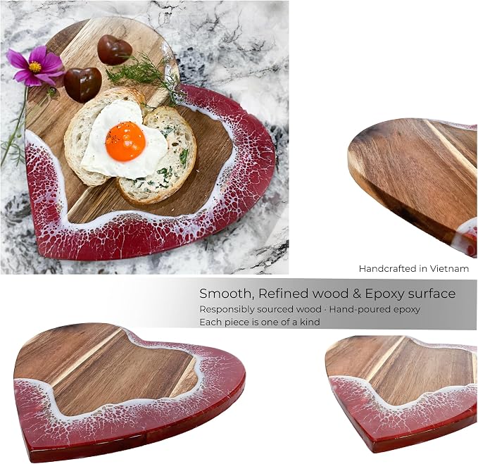Heart Serving Board - Acacia Wood with Epoxy (11.8" x 10.6"), Adorable Charcuterie Cheese Tray, Kitchen Gift Idea, Cute Cutting Board for Women, Valentine Gift, Housewarming Present