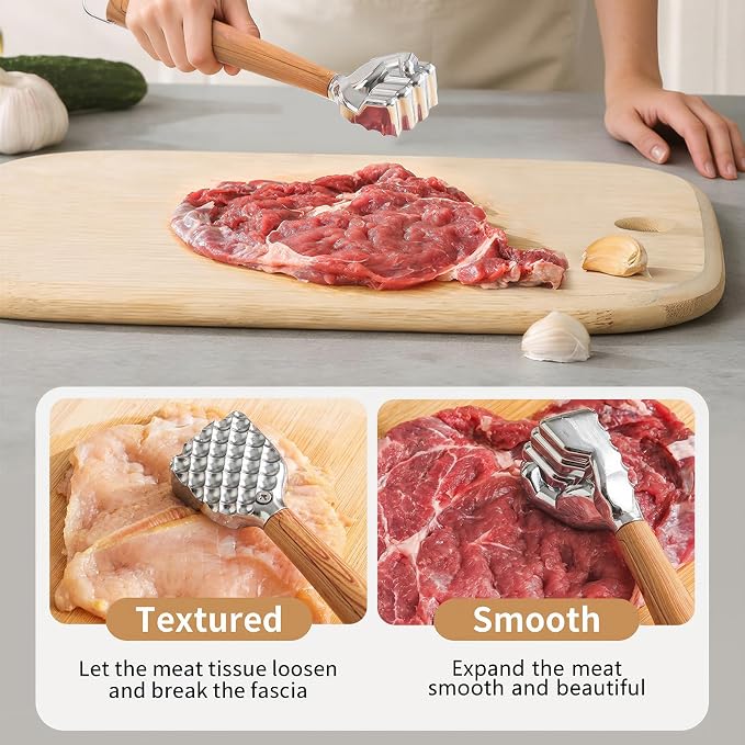 Meat Tenderizer Hammer, 14 oz Heavy Duty Meat Mallet Pounder | Fist-Shaped, Wood-Grain Non-Slip Handle, Dual-Sided Kitchen Hammer for Steak, Chicken & Pork
