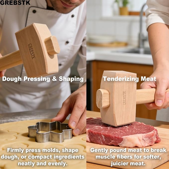 GREBSTK Unfinished Solid Beech Wood Mallet for Home Bartending & Workshop | Unfinished Natural Wood, Sweat-Absorbing Non-Slip Grip, Raw Tactile Texture, No Varnish or Oil, Precise Control for Tasks