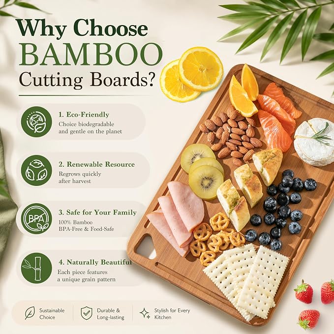 Bamboo Cutting Board for Kitchen, 3-Piece Wooden Cutting Board Set with Juice Grooves, Side Handles, Non-Slip Mats, Reversible Boards for Meat, Vegetables, Fruit, Kitchen Gift