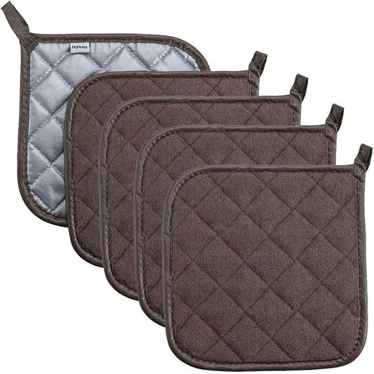 Joyhalo 5 Pack Pot Holders for Kitchen Clearance | Cotton Made, Machine Washable, Heat Resistant Potholder, Hot Pads, Trivet for Cooking and Baking, Brown