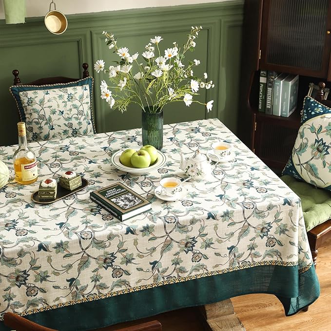 patdrea Designer Green Linen Long Table Cloth for Rectangle Table,Vintage Floral Pattern Durable Tablecloth,French Cover Decor for Kitchen Dining,Christmas,Thanksgiving,Tea Party,63"x102"-Noah