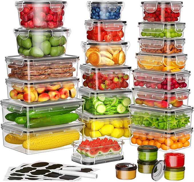 KEMETHY Large 52 Piece Food Storage Containers with Airtight Lids, BPA-free | 26 Containers & 26 Lids, Leak Proof, Meal Prep, Kitchen Storage, PVC-free Plastic, Microwave/Dishwasher Safe, Labels & Pen