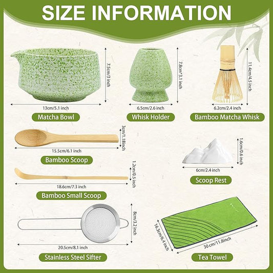 BEWOS 8 Pcs Matcha Whisk Set - 18OZ Ceramic Bowl with Spout, Matcha Sifter, Matcha Whisk Holder & Bamboo Matcha Whisk | Matcha Scoop, Complete Japanese Tea Ceremony Kit for Matcha Lover(Mottled Green)