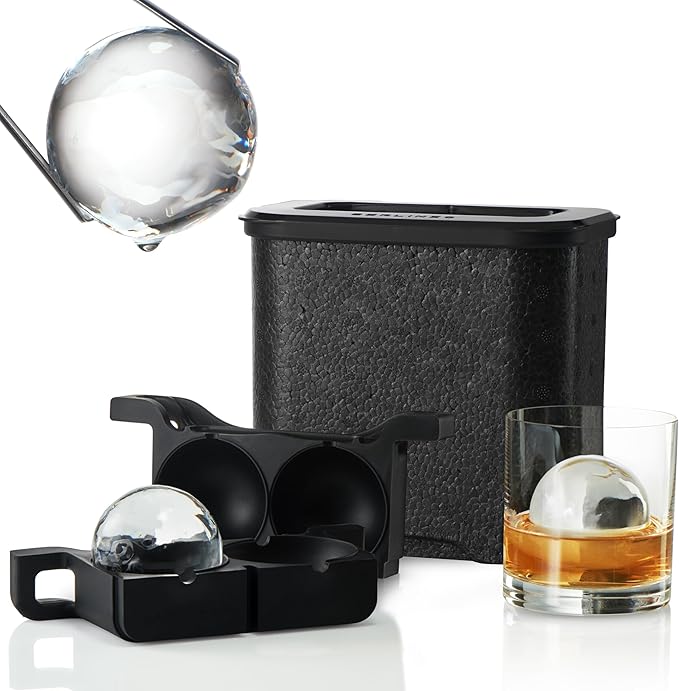 Berlinzo Ice Ball Maker Mold - 2 Clear 2.4in Whiskey Spheres, Non-Electric | Silicone, BPA-free, bourbon and cocktails, slow-melt, easy release, 2-count, storage bag included