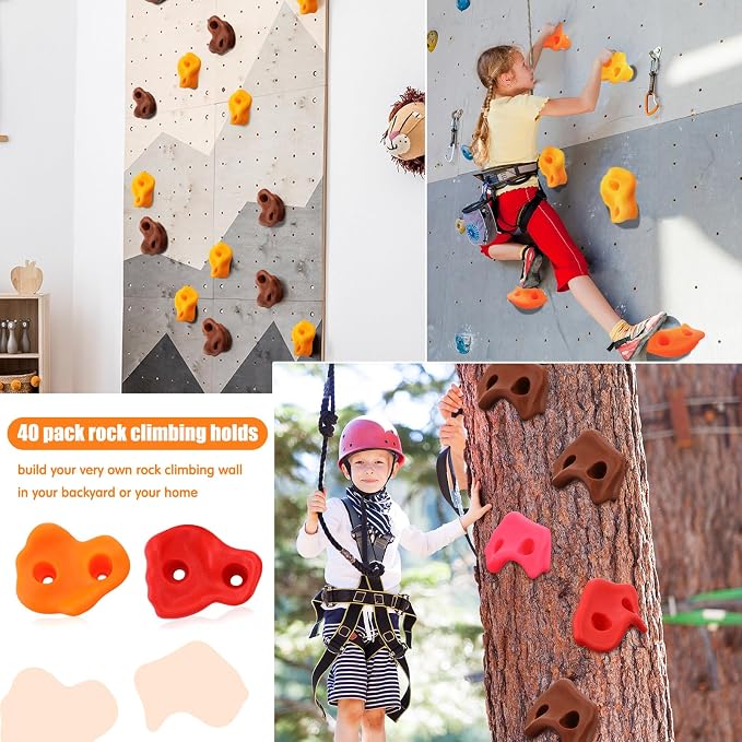 Meooeck 40 Pcs Rock Climbing Holds Set for Kids with Mounting Screws and 2 Wrenches, Mix Colored Climbing Rocks DIY Wall Grip Kits for Outdoor Indoor Playground Backyard Play Set