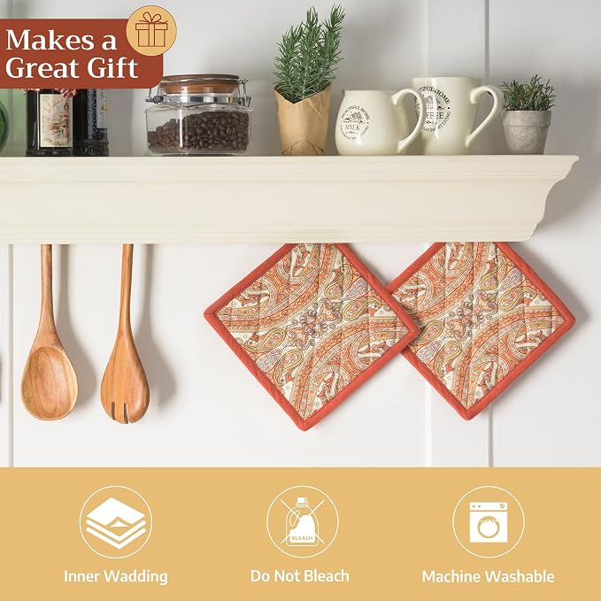 Maison d' Hermine Pot Holders 100% Cotton Potholders (8" x 8", Pack of 2) | Heat Resistant Hot Pads with Loop BBQ Cooking Baking Hotel Kitchen Handling Hot Pans Thanksgiving Christmas - Kashmir Paisley