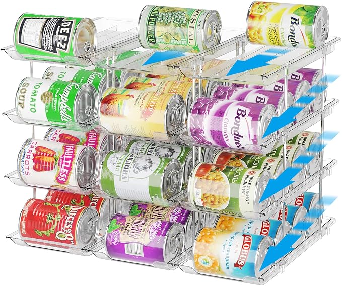 Can Organizer for Pantry 4 Tiers Rolling Can Storage Cupboard | Automatic Rolling Holds 48 Cans Combinable Canned Food Organizer Soda Can Organizer for Cupboard Cabinets Pantry Fridge Clear