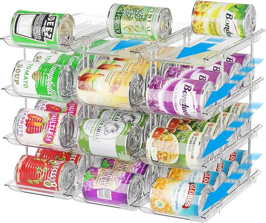 Can Organizer for Pantry 4 Tiers Rolling Can Storage Cupboard | Automatic Rolling Holds 48 Cans Combinable Canned Food Organizer Soda Can Organizer for Cupboard Cabinets Pantry Fridge Clear