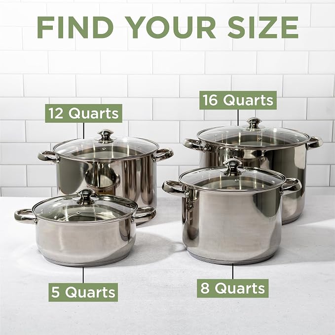 Ecolution Pure Intentions Stock Pot - Features Tempered Glass Lid, Stay-Cool Handles, and Encapsulated Bottom - Oven Safe - Curbside Recyclable Stainless Steel - 12 Quarts