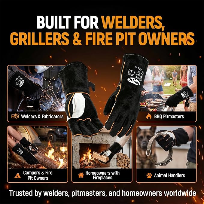 TOPDC Welding Gloves 14 Inch, 482°F Heat Resistant Leather Gloves for Fireplace BBQ Grill Fire Pit Campfire Wood Stove, Kevlar Stitching CE Certified, MIG Stick Forge Furnace Oven Animal Handling