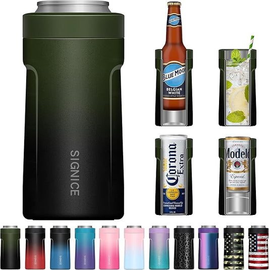 3-IN-1 Insulated Can Cooler - Signice Double Walled Vacuum Insulator Stainless Steel Slim Can Cooler for 12 Oz Skinny Tall Can/Standard Regular Can/Beer Bottle (Black Forest)