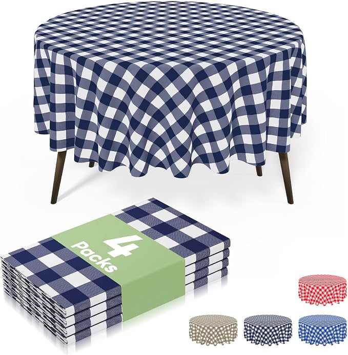 4 Packs Buffalo Disposable Table Cloth, 84" Round Waterproof Plastic Tablecloth, Navy and White Checkered Table Covers for Picnic, Birthday, Party, Back to School