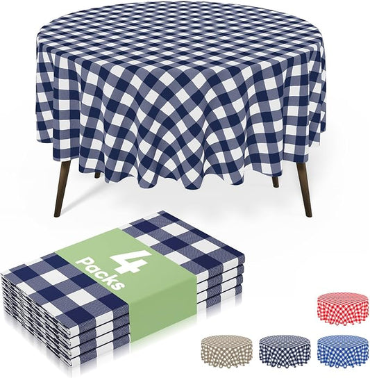 4 Packs Buffalo Disposable Table Cloth, 84" Round Waterproof Plastic Tablecloth, Navy and White Checkered Table Covers for Picnic, Birthday, Party, Back to School