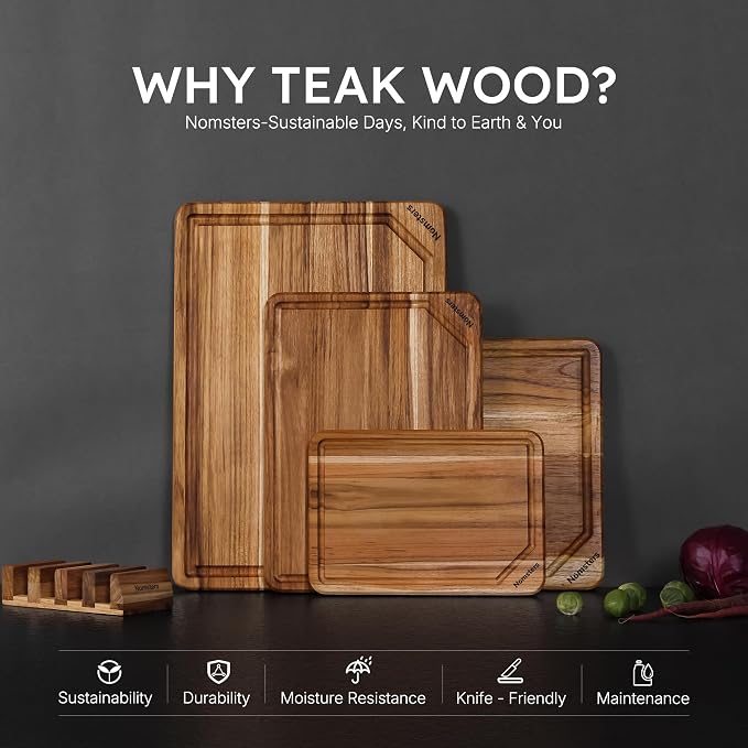 4 Pack Teak Wood Cutting Boards for Kitchen Wooden Chopping Board Non Toxic | Heavy Duty, Charcuterie Board, Serving, Non Slip, Solid Thick Wood, Extra Large Big Small, Meat, House Warming & Hostess Gift