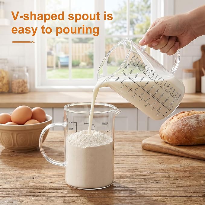 Graduated Glass Measuring Cup With Handle 1000ML (32Oz, 4Cups) | High Borosilicate Liquid Measuring Cup for Baking Cooking Kitchen V-Shaped Spout Glass Measuring Beaker Easy To Read
