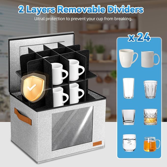 Foyego 2-Layer Coffee Mug Storage Box with Dividers, Cup and Mug Storage Organizer with Zipper Lid and Handles, Stackable Cup Organizer for 24 Coffee Mugs, Cups and Glasses, Light Grey