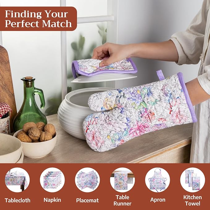Maison d' Hermine 100% Cotton Oven Mitt & Pot Holder Set (7.5"x13" & 8"x8") | Heat Resistant BBQ Cooking Gloves with Loop Baking Grilling Kitchen Hotel Home Farmhouse Spring Summer - Floral Love