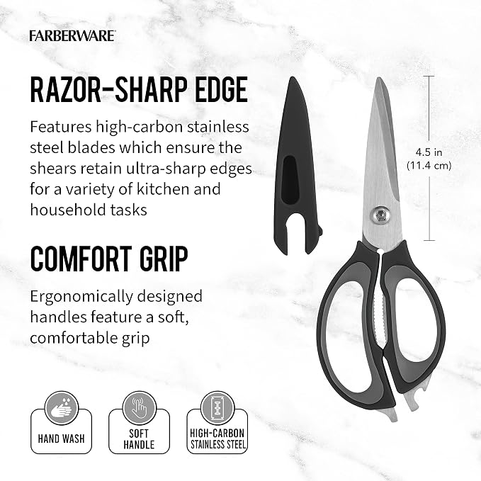 Farberware 4-in-1 Kitchen Scissors with Black Handle, High-Carbon Stainless Steel Shears with Jar Opener, Bottle Opener and Screwdriver, Kitchen Shears for Food Prep