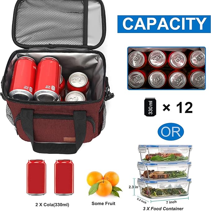 Lunch Bags for Women/Men, Insulated Lunch Bag for Work Office Picnic - Lunch Cooler Bag Leakproof Lunch Box with Adjustable Shoulder Strap - Red