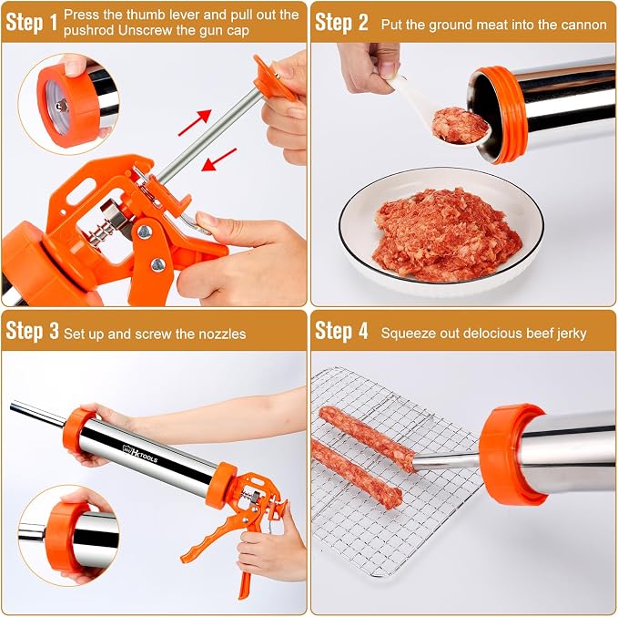 5rd Gen 2.5 LB Jerky Gun Kits, Jerky Maker Gun, Beef Jerky Gun, Stainless Steel Sausage Stuffer Jerky Making Gun with 5 Stainless Nozzles, 2 Cleaning Brushes, 1 Stomper