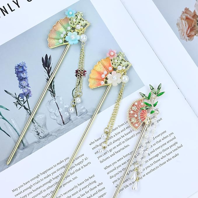 inSowni 8 Pieces Retro Asian Chinese Traditional Hanfu Gold Metal Fan Lotus Flower Butterfly Hair Pins with Bead Pendants Long Hair Sticks Forks Bun Updo Holders Hairpins for Women Girls (8PCS S6)