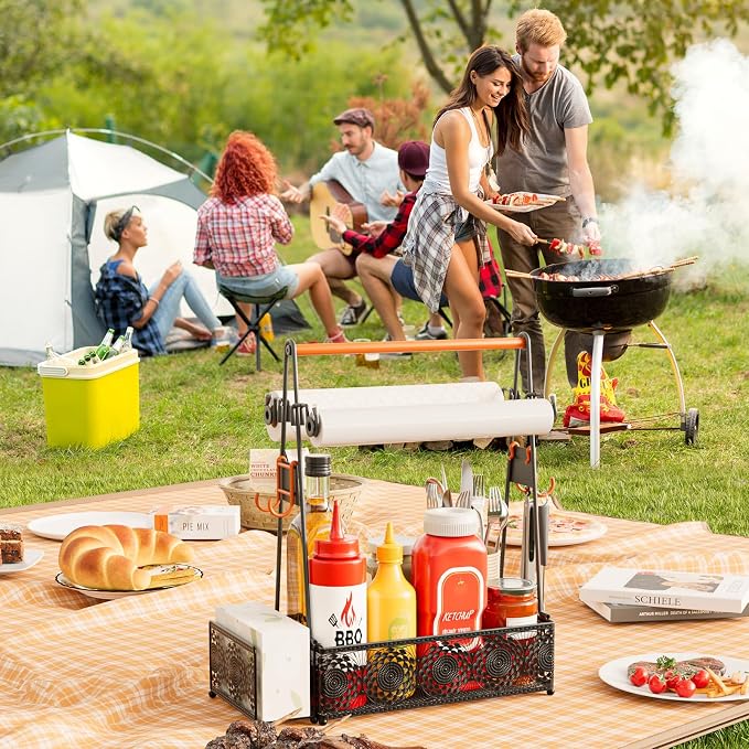 EKNITEY Outdoor Grill Caddy Organizer: BBQ Caddy with 2 Paper Towel Holders | Metal, Camping Kitchen Accessories Rack, Utensil Condiment Storage, Floral Design, Easy Assembly, for Patio Camper Picnic RV