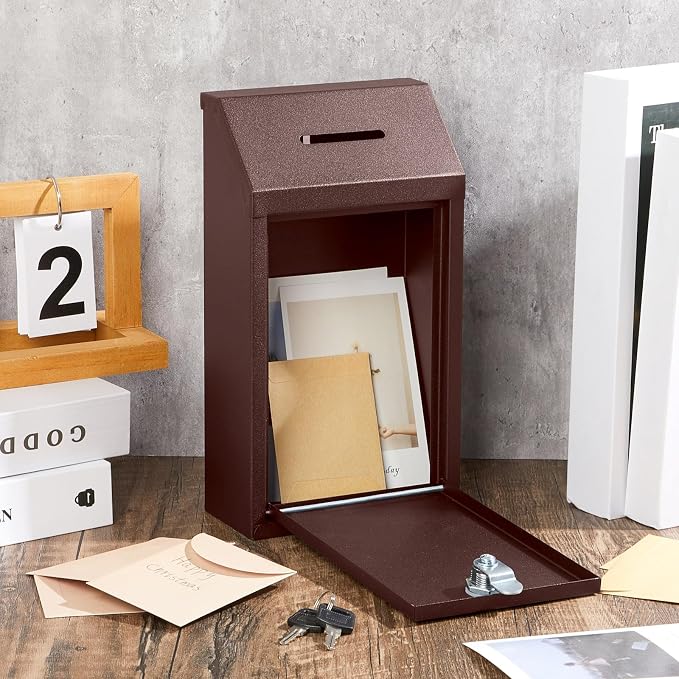 Yaocom Metal Money Box,Brown,10.24 x 5.71 x 2.95 Inch,No Lid | Wall Mounted Drop Donation Cash Box for Farm Stand Collection Safe Suggestion Box with Lock Container for Home Office Outdoor
