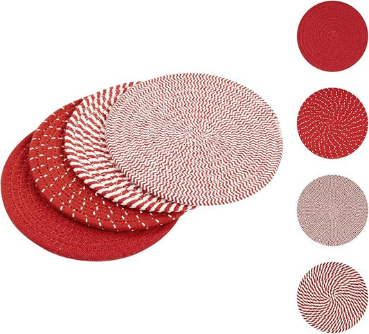 SHACOS 8 Inches Trivets for Hot Dishes, 4 Pieces Cotton Trivets Mats for Kitchen, Hot Pads for Countertops and Table, Heat-Resistant Pot Holders for Hot Pots and Pans(Red, 4pcs)