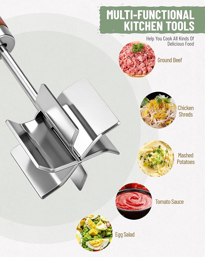 Stainless Steel Meat Masher: Ground Beef Chopper Hamburger Smasher Tool | Heat Resistant Up To 1500℉,6 Curve Blades,Hangable Wooden Handle,Efficient Chop and Stir Kitchen Gadgets